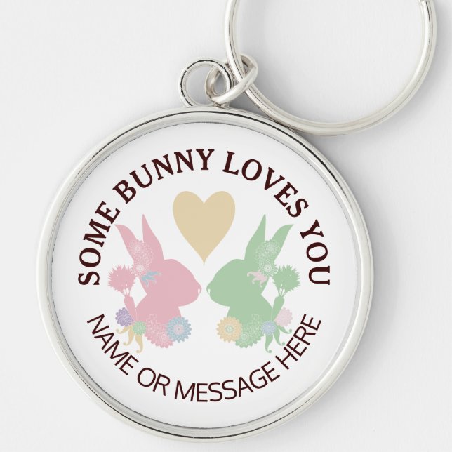 Pastel Pink and Green Bunnies with Heart Custom Keychain (Front)