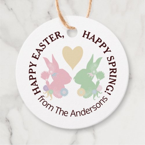 Pastel Pink and Green Bunnies with Heart Easter Favor Tags