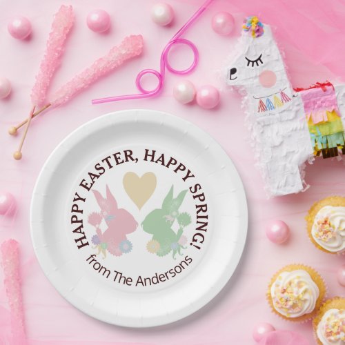 Pastel Pink and Green Bunnies with Heart Easter Paper Plates