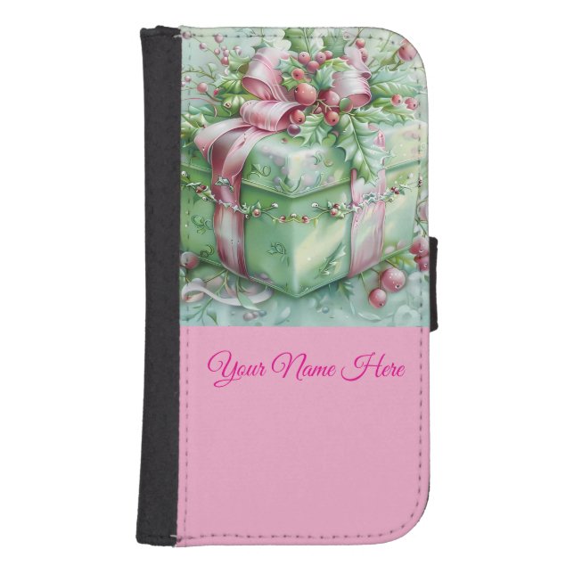 Pastel Pink and Green Christmas Samsung Galaxy Wallet Case (Front)