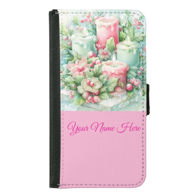 Pastel Pink and Green Christmas Samsung Galaxy Wallet Case (Front)