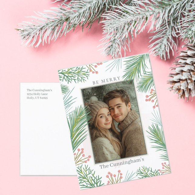 Pastel Pink and Green Holly Christmas  Holiday Postcard (Pink Christmas Photo Postcard)