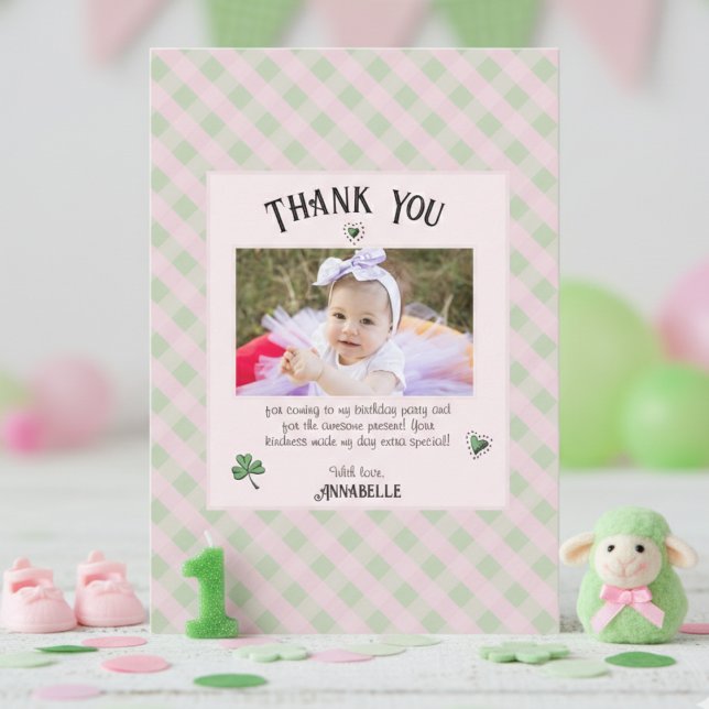Pastel Pink and Green Irish Girl’s Birthday Thank You Card (Pink St Patrick's Day First Birthday Thank You Card for Baby Girl. Irish Lucky One Card for Kids)
