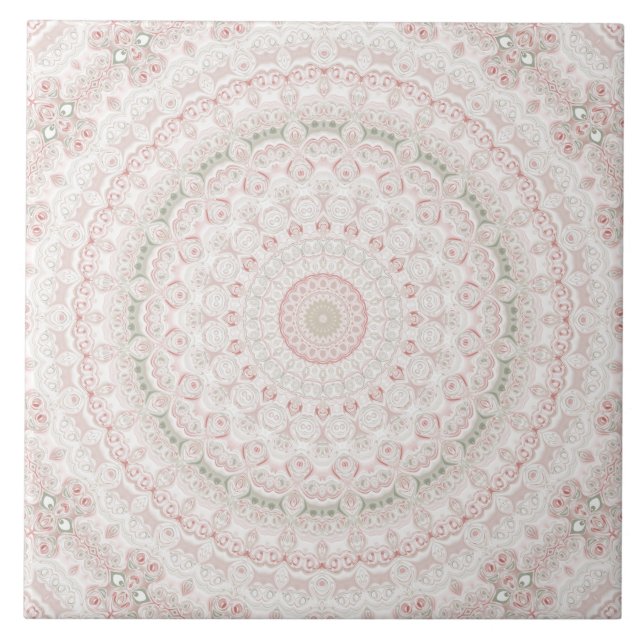 Pastel Pink and Green Mandala Pattern Design Ceramic Tile (Front)