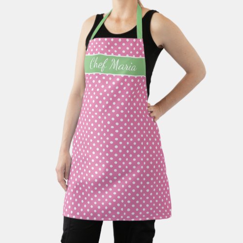 Pastel pink and green retro polkadot print kitchen apron