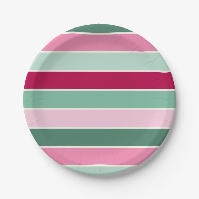 Pastel Pink and Green Stripes Paper Plates (Front)