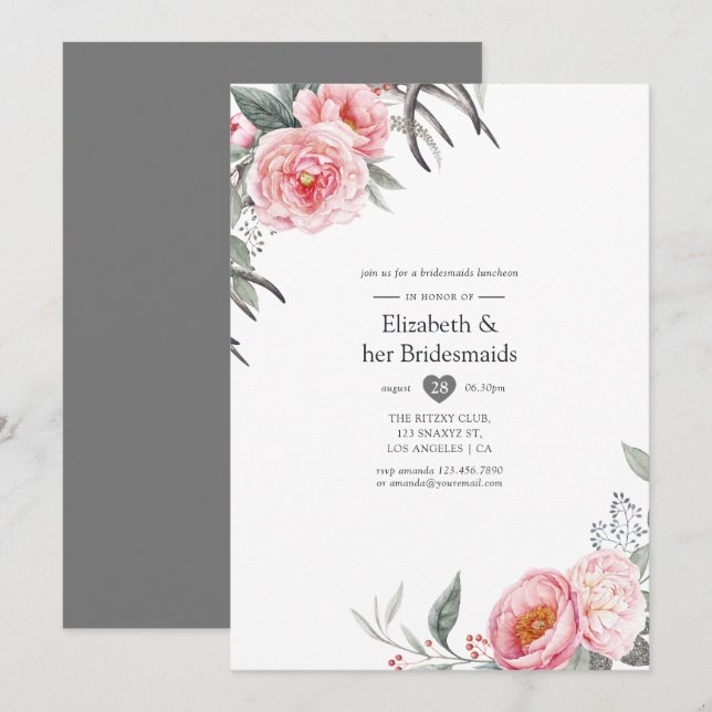Pastel Pink and Grey Boho Floral Bridal Shower Invitation (Front/Back)