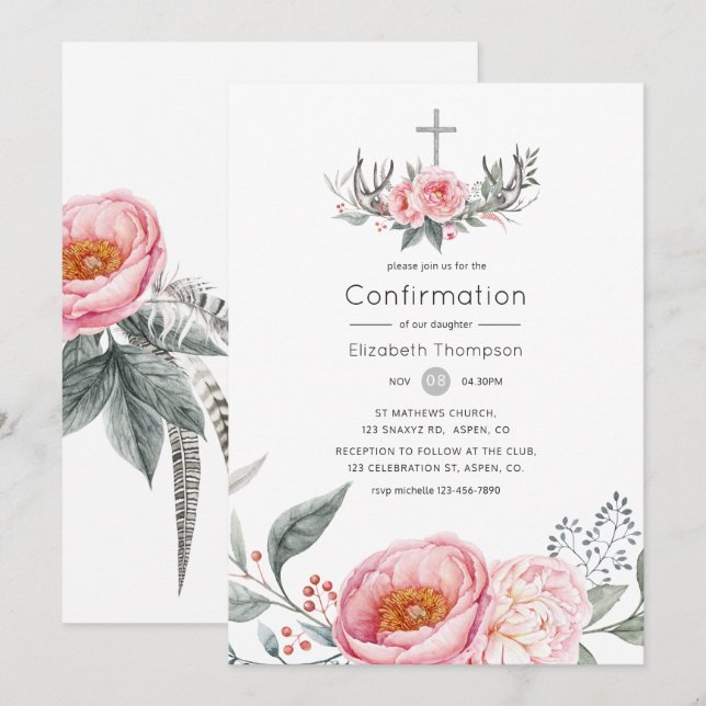 Pastel Pink and Grey Boho Floral Confirmation Invitation (Front/Back)