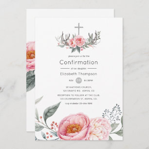 Pastel Pink and Grey Boho Floral Confirmation Invitation