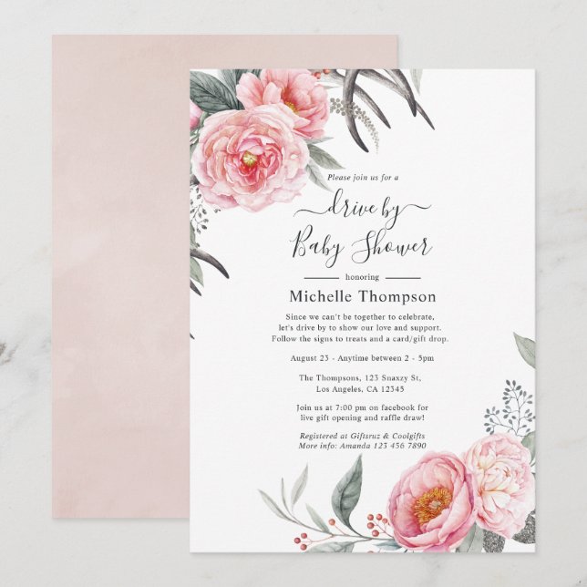 Pastel Pink and Grey Boho Floral Drive By Shower Invitation (Front/Back)