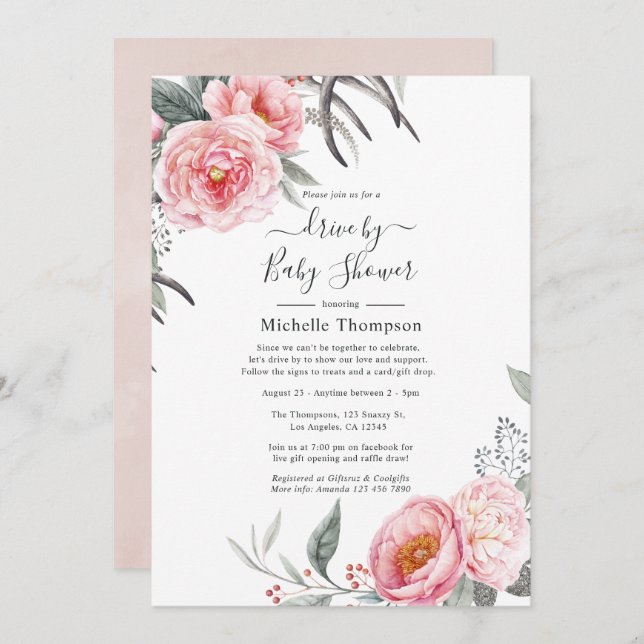 Pastel Pink and Grey Boho Floral Drive By Shower Invitation (Front/Back)