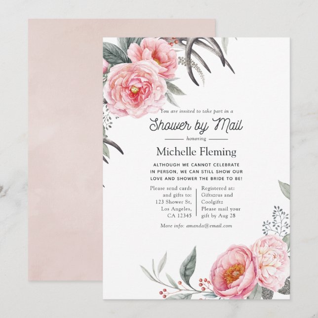 Pastel Pink and Grey Boho Floral Shower by Mail Invitation (Front/Back)