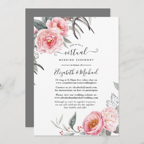 Pastel Pink and Grey Boho Floral Virtual Wedding Invitation