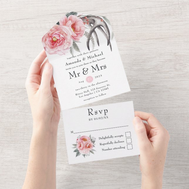 Pastel Pink and Grey Boho Floral Wedding All In One Invitation (Tearaway)
