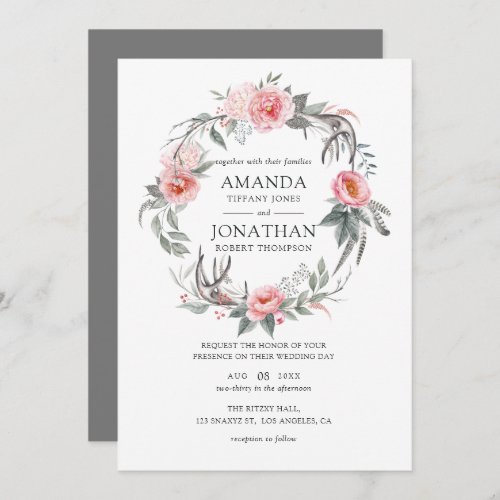 Pastel Pink and Grey Boho Floral Wedding Invitation