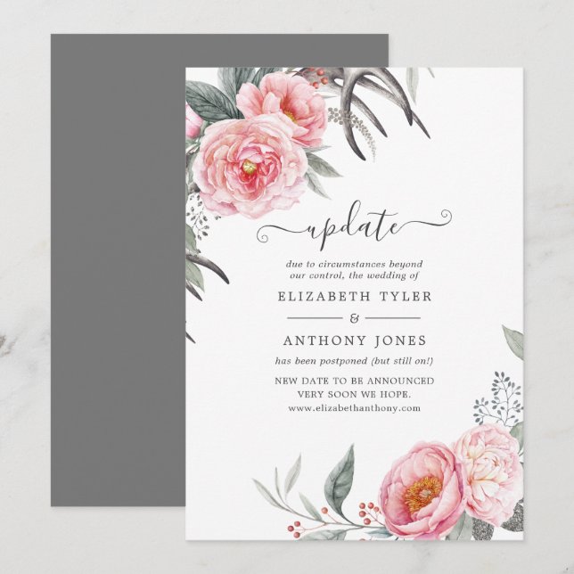 Pastel Pink and Grey Boho Floral Wedding Update Invitation (Front/Back)