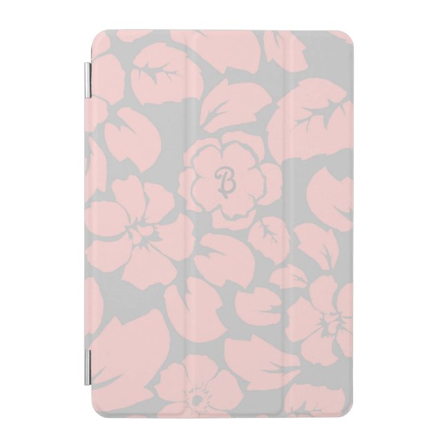 Pastel Pink and Grey Floral Monogram iPad Mini Cover (Front)