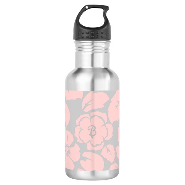 Pastel Pink and Grey Floral Monogram Stainless Steel Water Bottle (Front)