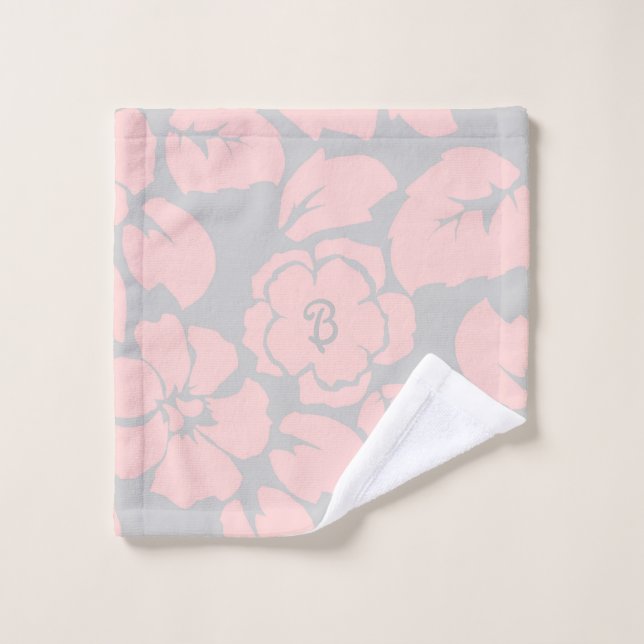 Pastel Pink and Grey Floral Monogram Wash Cloth (Wash Cloth)