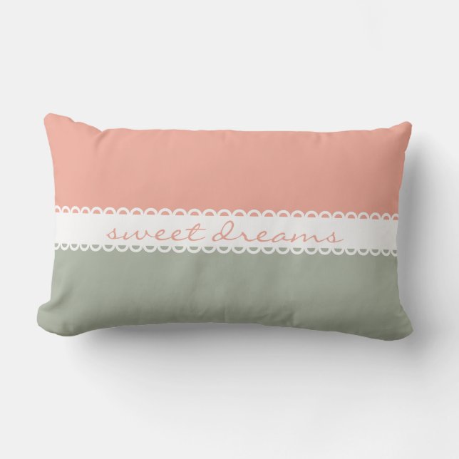 Pastel Pink and Grey Sweet Dreams Ribbon Lumbar Pillow (Front)