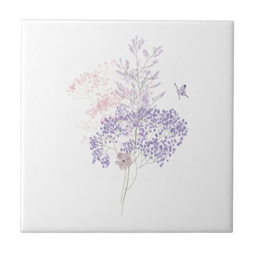 Pastel Pink and Lavender Wildflower Butterfly Ceramic Tile