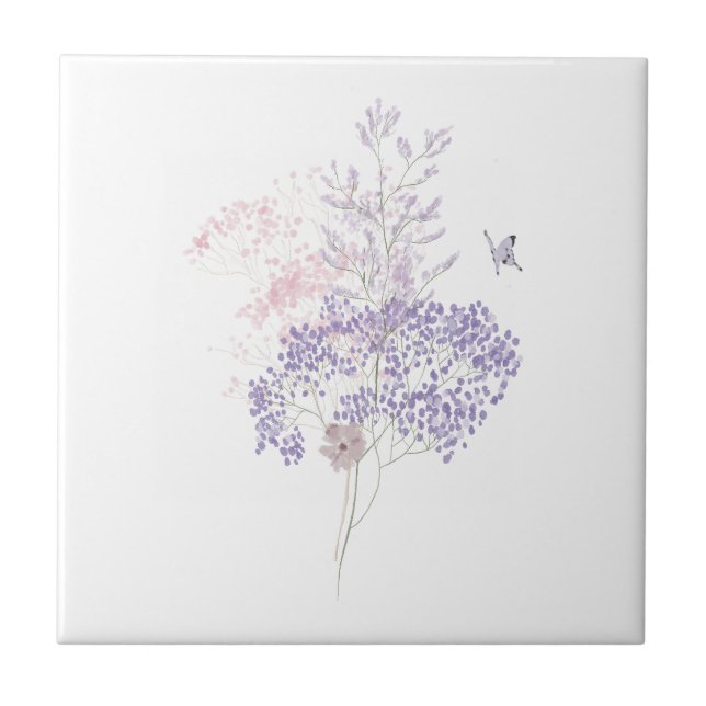 Pastel Pink and Lavender Wildflower Butterfly Ceramic Tile (Front)