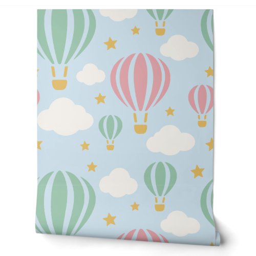 Pastel Pink and Mint Green Balloons and Clouds Wallpaper