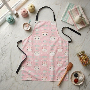 Pastel Pink and Mint Kawaii Kitty Cat Kitchen Apron