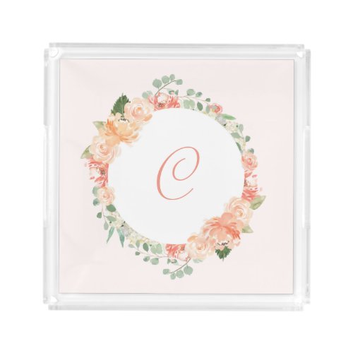 Pastel Pink and Peach Floral Ring with Monogram Acrylic Tray