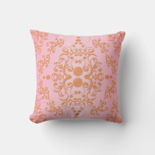 Pastel Pink and Peachy Orange Floral Damask Throw Pillow