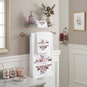 Pastel pink and purple floral personalized bath towel set