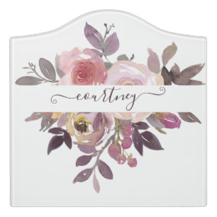 Pastel pink and purple floral personalized   door sign