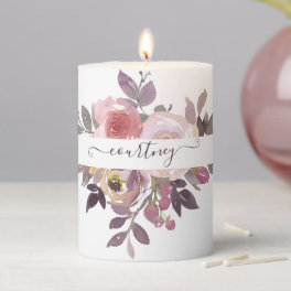 Pastel pink and purple floral personalized pillar candle