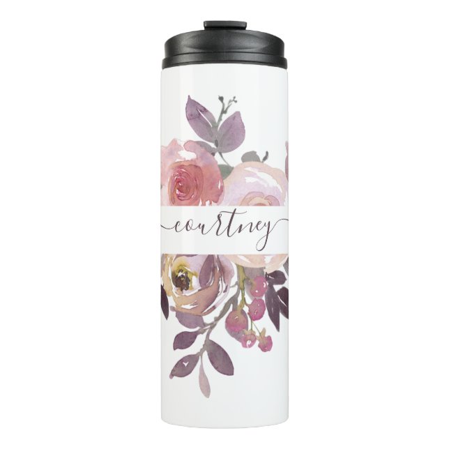 Pastel pink and purple floral personalized   thermal tumbler (Front)