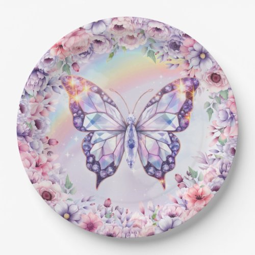 Pastel pink and purple magical crystal butterfly paper plates