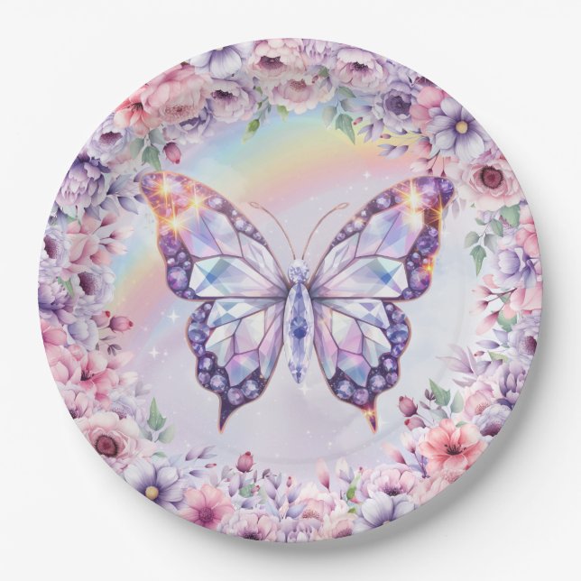 Pastel pink and purple magical crystal butterfly paper plates (Front)