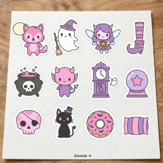 Pastel Pink And Purple Spooky Character Stickers (Cute cartoon monsters for a fun vibe.)