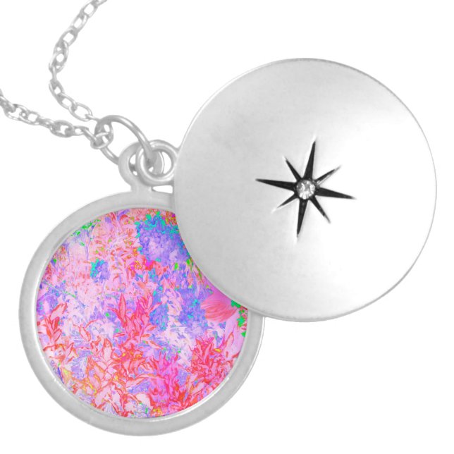 Pastel Pink and Red with Blue Hydrangea Landscape Locket Necklace (Front)