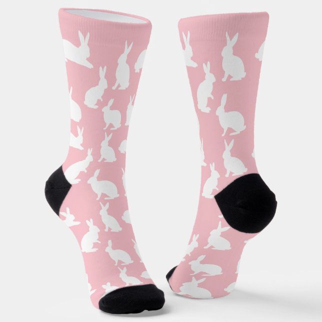 Pastel Pink And White Bunny Pattern Cute Easter Socks (Angled)