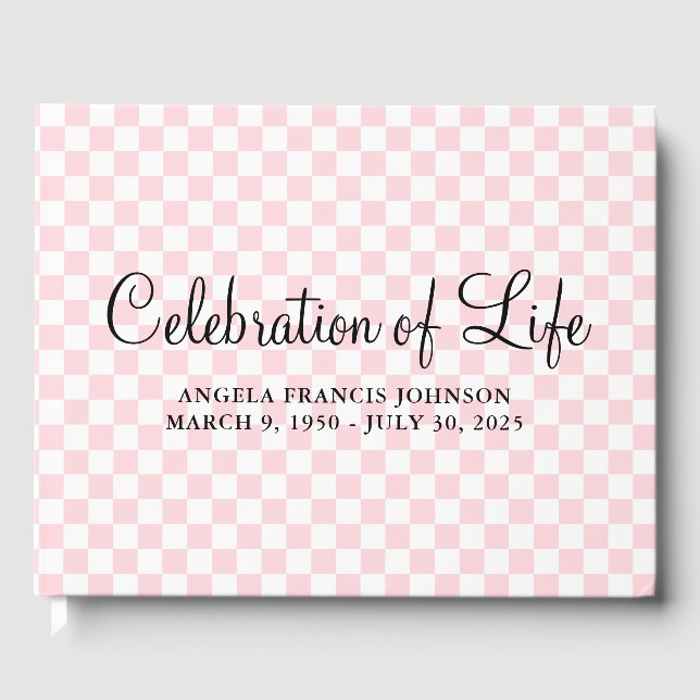Pastel Pink and White Checker Celebration of Life Guest Book (Front)