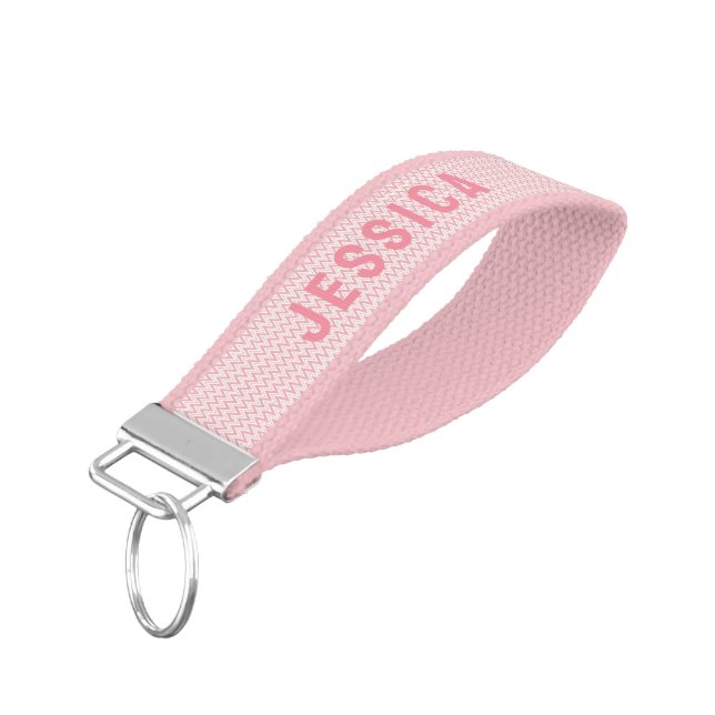 Pastel Pink And White Chevron Pattern Monogram Wrist Keychain (Angled Down)