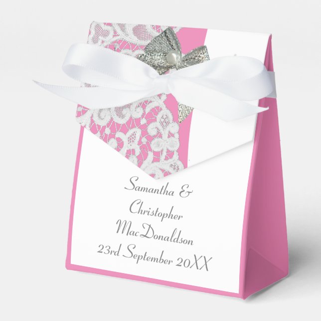 Pastel pink and white damask lace wedding favor boxes (Front Side)