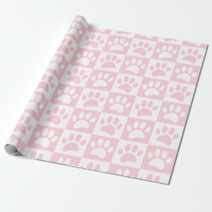 Pastel Pink And White Dog Paws In Squares Custom Wrapping Paper