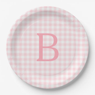Pastel Pink and White Gingham Monogram Paper Plates