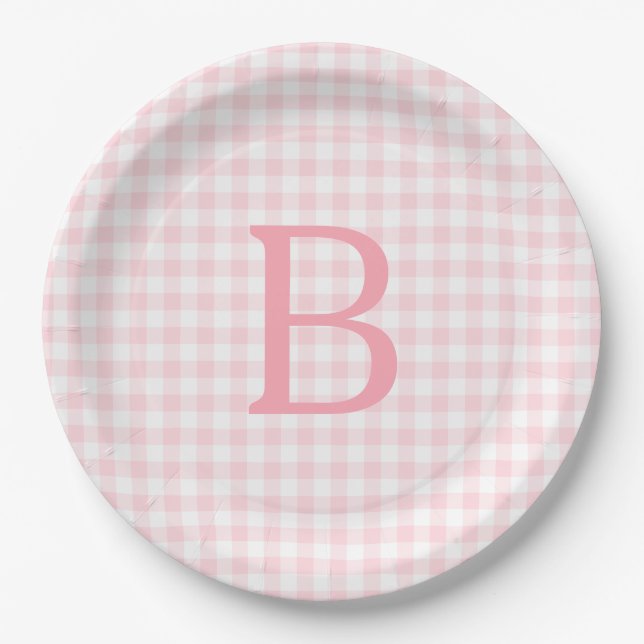 Pastel Pink and White Gingham Monogram Paper Plates (Front)
