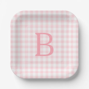 Pastel Pink and White Gingham Monogrammed Paper Plates