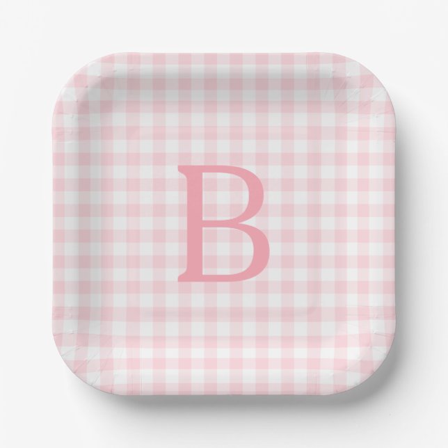 Pastel Pink and White Gingham Monogrammed Paper Plates (Front)