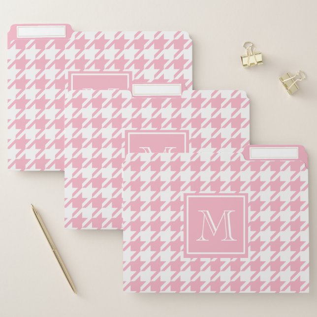 Pastel Pink and White Houndstooth Pattern Monogram File Folder (Set)