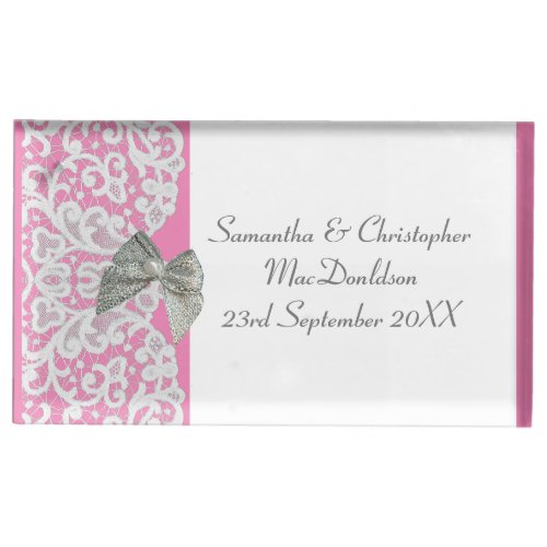 Pastel pink and white lace  traditional wedding place card holder
