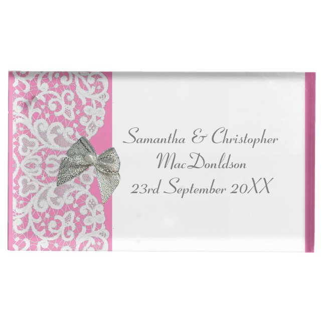 Pastel pink and white lace  traditional wedding place card holder (Front)